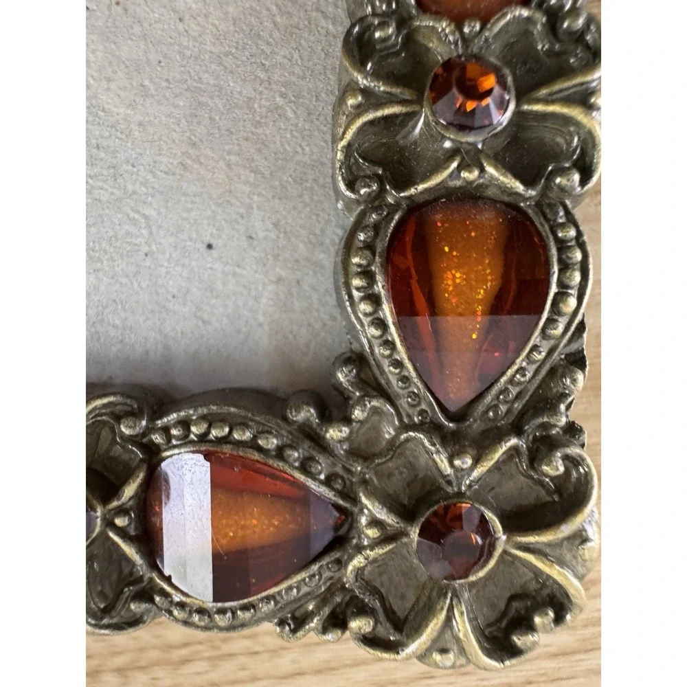 Vintage Jeweled Picture Frame 4x4 Amber Rhinestone Ornate Floral Metal
